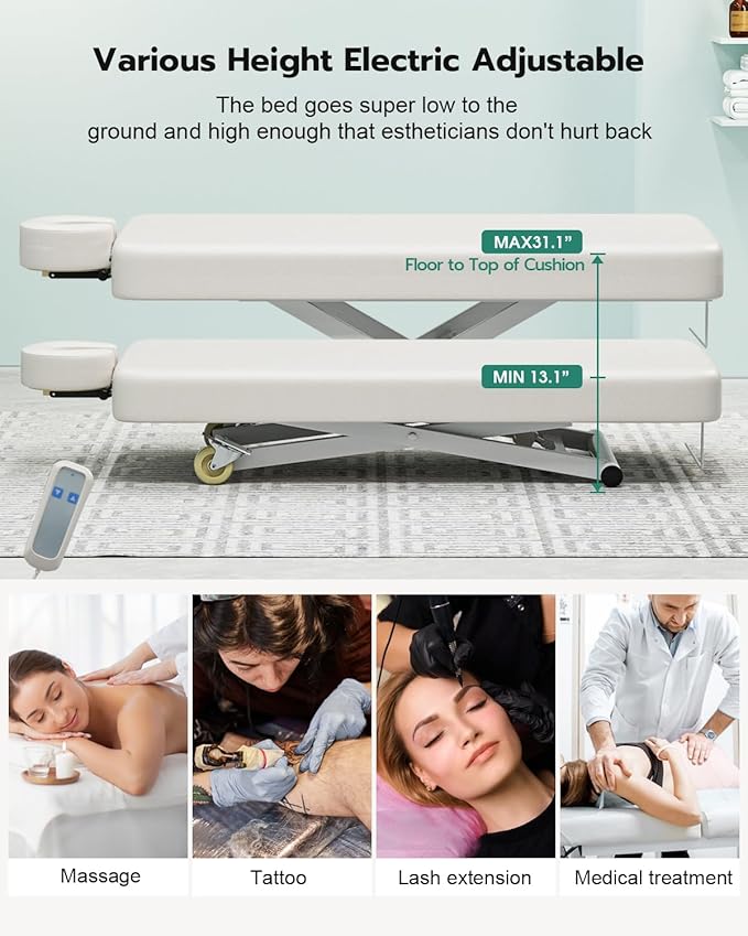 Paddie Flat Electric Lift Massage Table, Professional Spa Bed 6.7" Memory Foam with Adjustable Face Cradle and Rolling Wheels, White