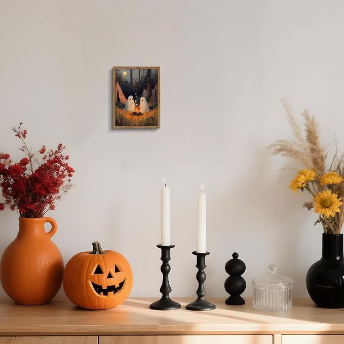 Framed Vintage Halloween Wall Art, Camping Ghosts Cozy Fireplace Canvas Prints, Gothic Whimsigoth Decor Cute Spooky Poster, Farmhouse Halloween Wall Decor, Ready to Hang 8x10in Wood Frame