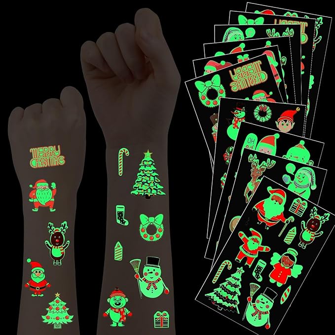 JUNEBRUSHS Glowing Christmas Temporary Tattoos for Kids, 20 Sheets Kids Tattoos Christmas Stocking Stuffers Glow in the Dark Decorations for Boys Girls Christmas Face Makeup Gift Filler