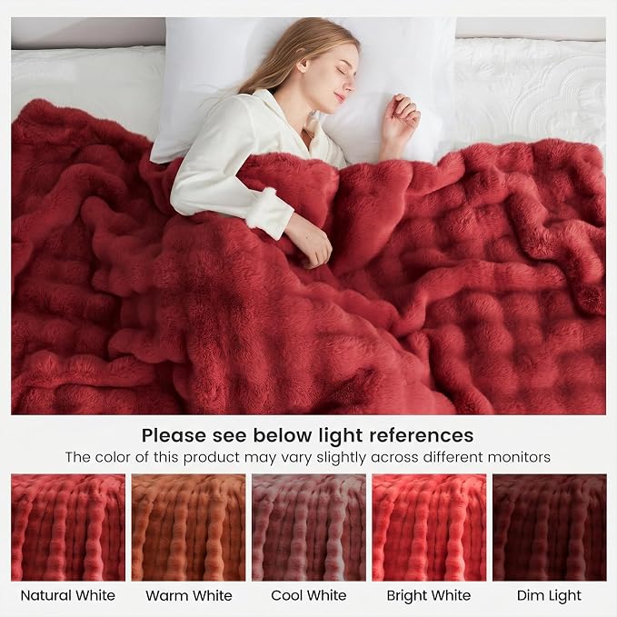 Cozy Bliss Faux Fur Throw Blanket for Couch, Fuzzy Soft Plush Thick Bubble Blanket for Sofa Bedroom Living Room, 60 * 80 Inches Red