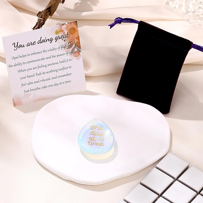 One Day at A Time Opal Thumb Worry Stone for Anxiety Crystals Hand Thumb Stones Pocket Thinking of You Gifts for women Inspirational Worry Stones for Stress Relief You Got This Sobriety Gifts for Her