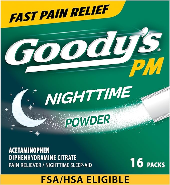 Goody's Nighttime Powder, Pain Reliever & Sleep Aid with Acetaminophen & Diphenhydramine Citrate, Caffeine Free, 16 Count