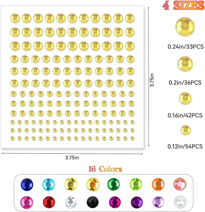 2640Pcs Rhinestone Stickers Self Adhesive Facial Gem Stickers 4 Sizes 16 Colors for DIY Crafts Nail Art Body Makeup Festival Holiday Cards Kids Craft Decorations