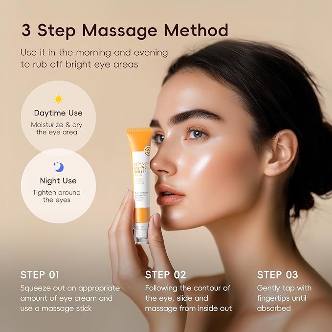 AKARY Vitamin C Eye Cream & Under Eye Serum, Refreshing, Hydrating, Radiant Glow Skin Roller Serum with 360° Massage Ball, Tightening for Women Reduce Wrinkles Fine Lines