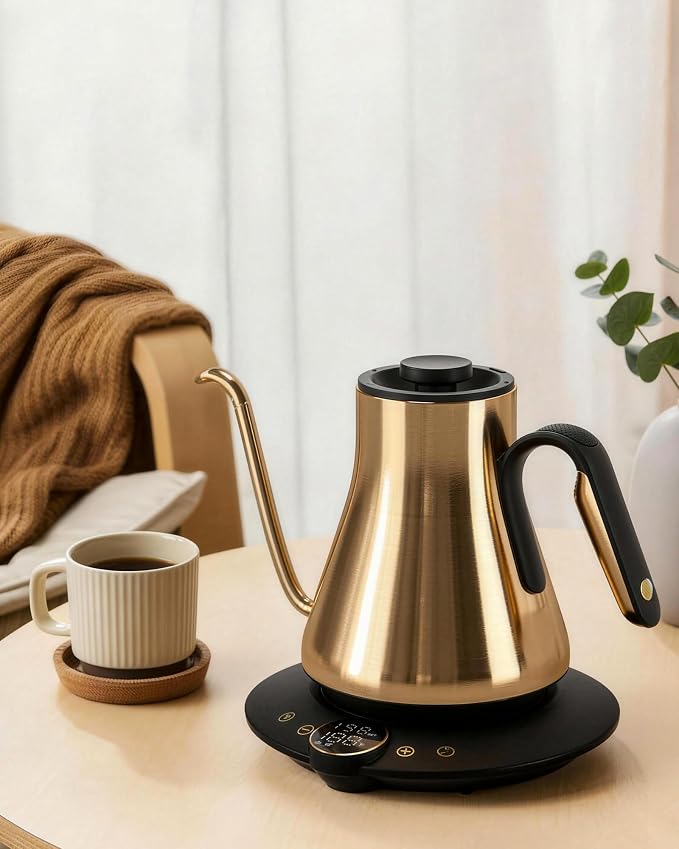 Cocinare Gooseneck Electric Kettle, ±1°F Precise Temperature Control, 1500W Fast Heating, Pour Over Coffee & Tea Kettle with Brew Timer & Keep Warm, Stainless Steel, 0.9L (Gustav Gold)