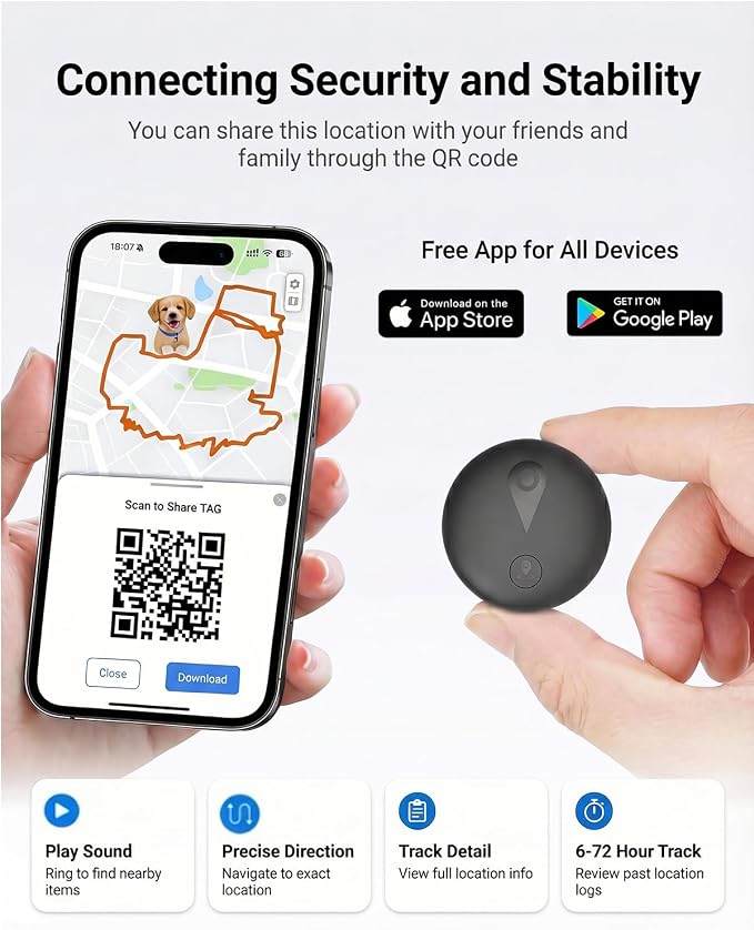 GPS Tracker for Dogs, Smart Dog Tracker with Real-Time Location, for Android and iPhone No Monthly Fee & No SIM Card- Pet Location Tracker with Holder, IP68 Waterproof, Indoor & Outdoor Pet Safety Use
