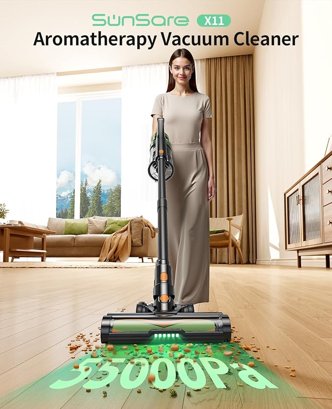 SunSare Cordless Vacuum Cleaner, 50KPa 600W 65Mins Stick Vacuum with 1 M Hose, Green Headlights, Aromatherapy, V-Anti-Tangle Rollor, 1.8L Dust Cup, Vacuum Cleaner for Pet Hair Carpets Floors, Green