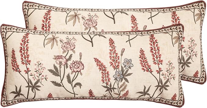 Designer Linen Throw Pillow Cover,Set of 2,28"x12"-Helena A | Elegant French Rectangle Pillow Cover,Concealed Zipper Design,Floral Pattern,Sofas,Bedroom,Living Room,Lounge Chairs