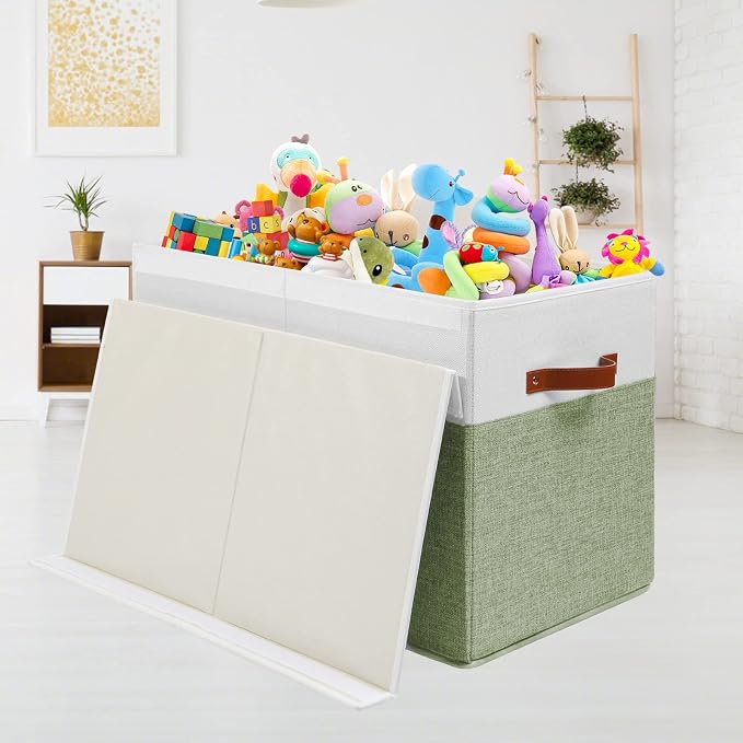 Large Toy Storage Box with Lid, Toy Chest Bin Boxes Basket with Dividers | Sturdy Toy Organizer Bin for Kids, Boys, Girls, Nursery, Living Room, Bedroom, Playroom 25"x13" x16" (Green and White)
