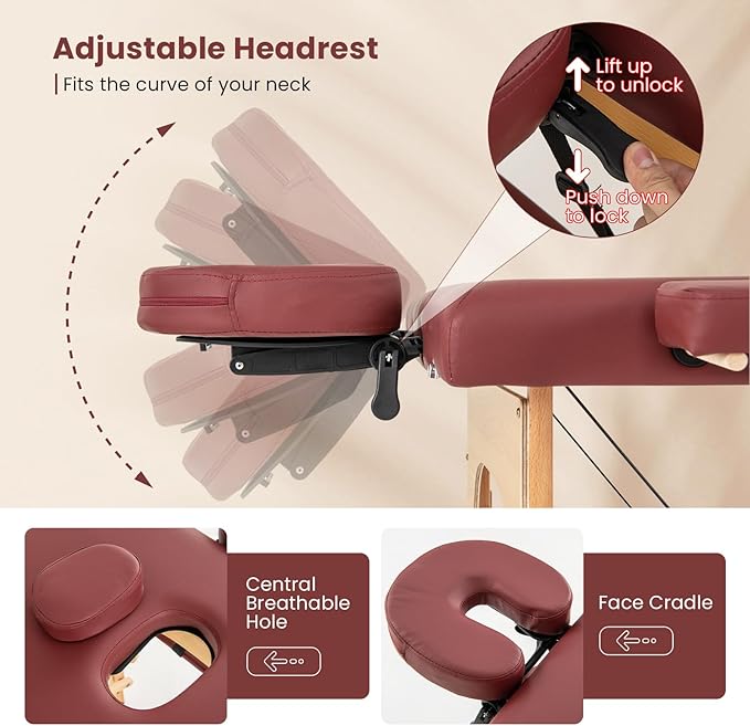 Giantex Massage Table, Portable Massage Bed w/Carrying Case, 2-Section Salon Spa Facial Care Tattoo Bed, Height Adjustable, Wood Frame, Professional Massage Lash Bed for Eyelash Extension (Red)