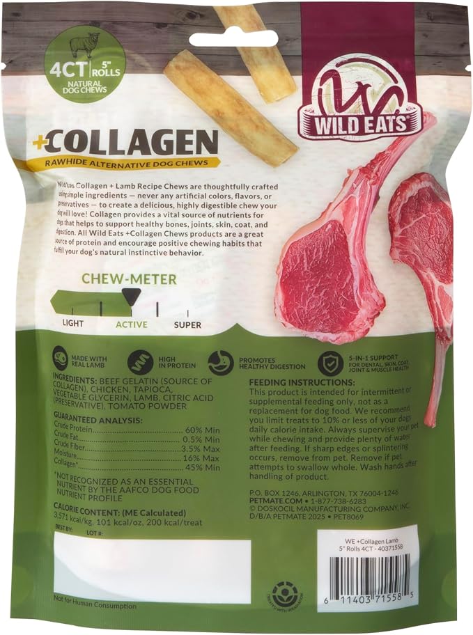 Wild Eats Lamb Collagen Cheek Rolls 5 Inch Dog Chews, 4 Pack, Medium Breed | Long lasting retriever style treats and bones, flavored substitute for pig ears, satisfying snack that keeps pups busy longer