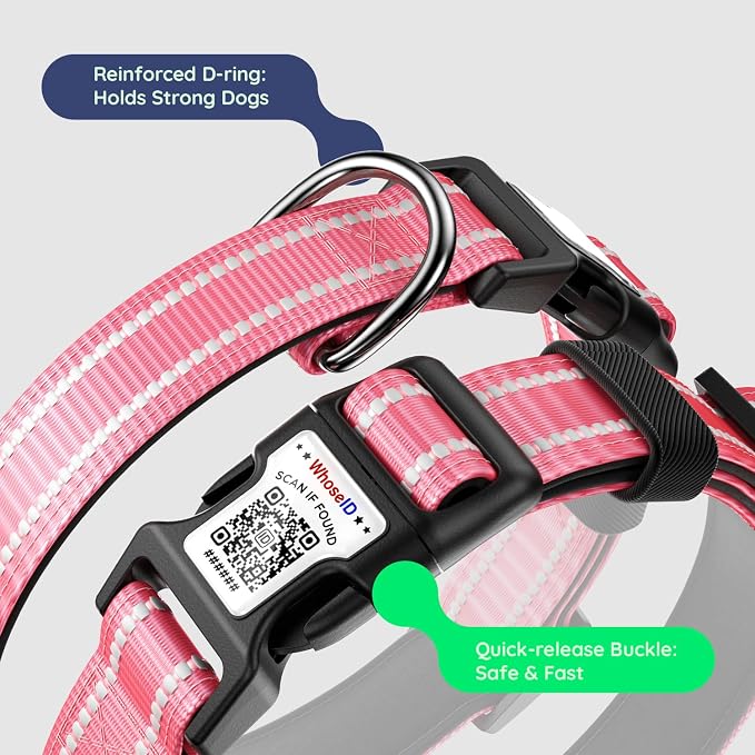 Premium Airtag Dog Collar，with IP68 Waterproof AirTag Holder,Hotpink,L | Soft,Breathable,Nylon Padded,Reflective,Ultra-Durable Buckle,Adjustable,Comfortable for Small Medium Large Dogs