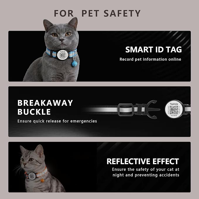 Smart QR Code Cat Collar 2-Pack, Breakaway Reflective Collar with Permanent Online Profile, Adjustable 7.5-12.5 Inch Safety Collar for Cats (Orang & Blue)