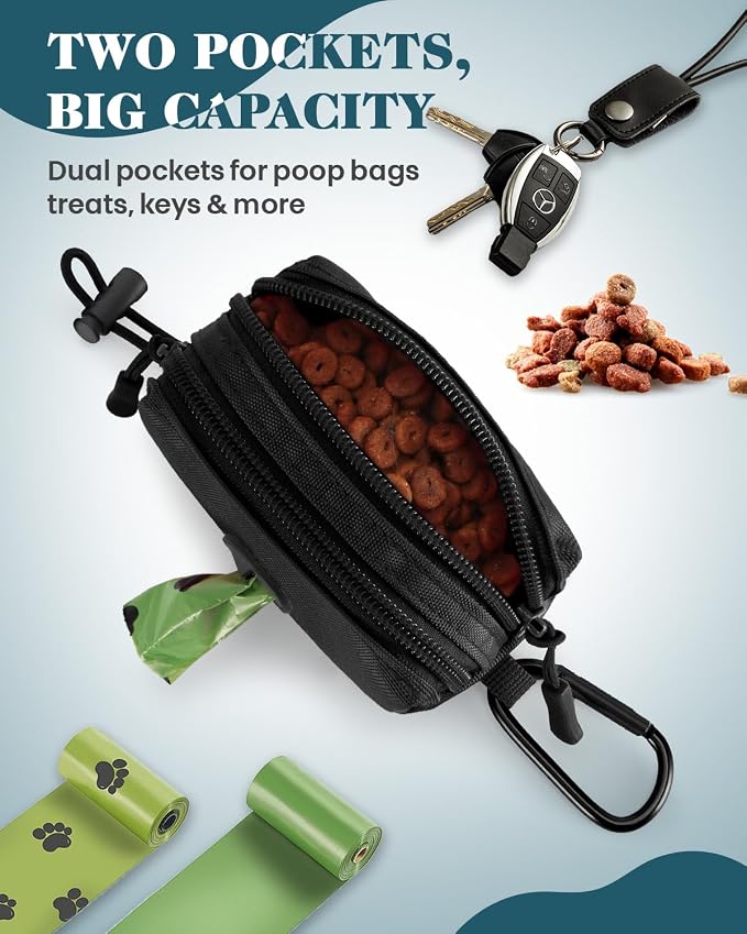 Dog Poop Bag Holder for Leashes, Black Doggie Waste Bag Dispenser and Treat Holder, with Carabiner Hook and Poop Bag Clip, Used Waterproof Wear-Resistant Fabric and 2 Zippered Pouches for Walking