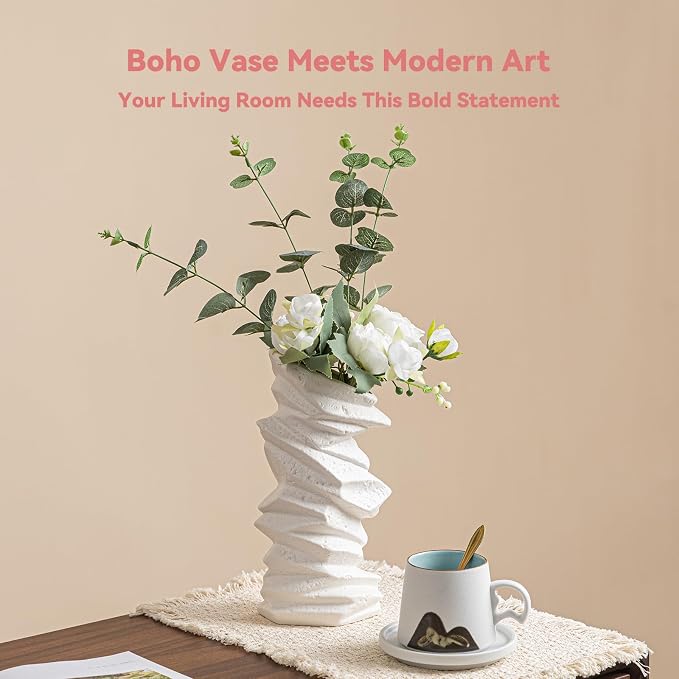 Stone-Stack White Ceramic Vase - 10" Unique Flower Vase for Pampas Grass, Farmhouse Decorative Vase for Living Room/Office, Boho Vase Ideal for Home Gifts & Centerpieces