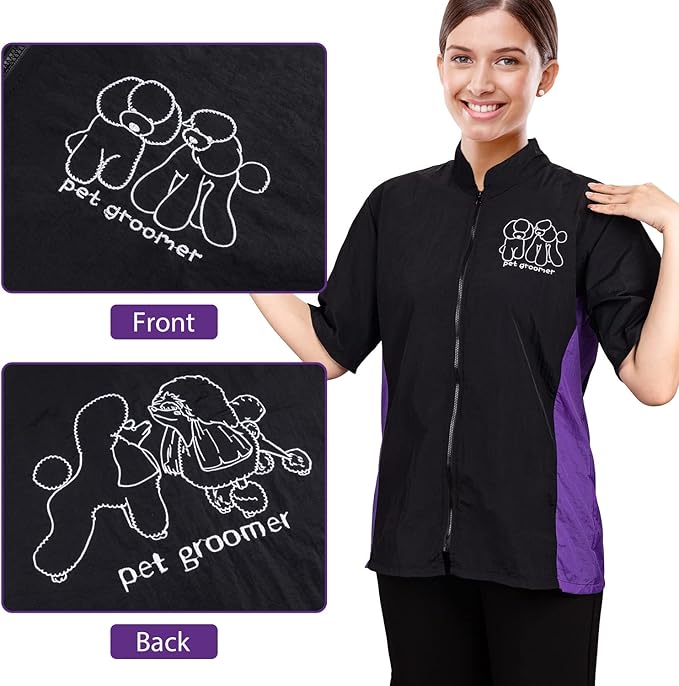 Short Sleeve Pet Grooming Jacket for Groomers, XL Size, Full Zipper | Anti-Static & Splash Proof Pet Beautician Uniforms, Hair Repellent Smock & Trousers for Professional Dog Cat Grooming Salon