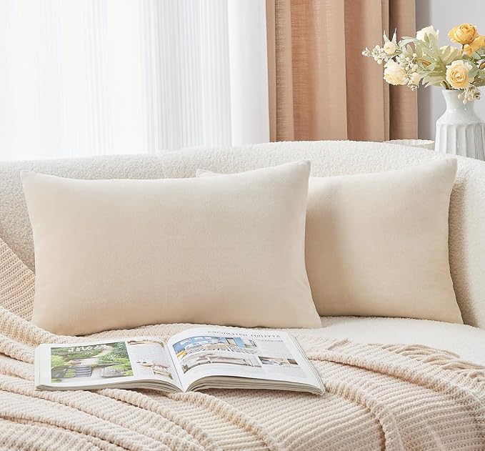 Throw Pillow Covers Neutral Beige Set of 2 12x20 Inch Pillow Covers, Soft Velvet Farmhouse Lumbar Decorative Pillowcases for Couch Sofa Bed, Home Boho Decor, Modern Cushion Covers