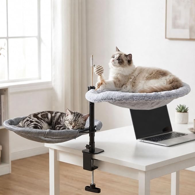 Cat Desk Bed Hammock with Clamp, 360° Desk-Mounted 15.7in Perch | Two Washable Mesh & Plush Covers, Drill-Free, Holds 40 lbs, Space-Saving Cat Furniture Fits 2 Indoor Cats & Small Pets