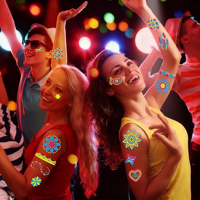 32 Sheets Temporary Tattoo Glow in the Dark, UV Neon Fluorescence Body Arm Fake Tattoo Waterproof Stickers for Women Men Party Favors, Rave Festival Party Supplies