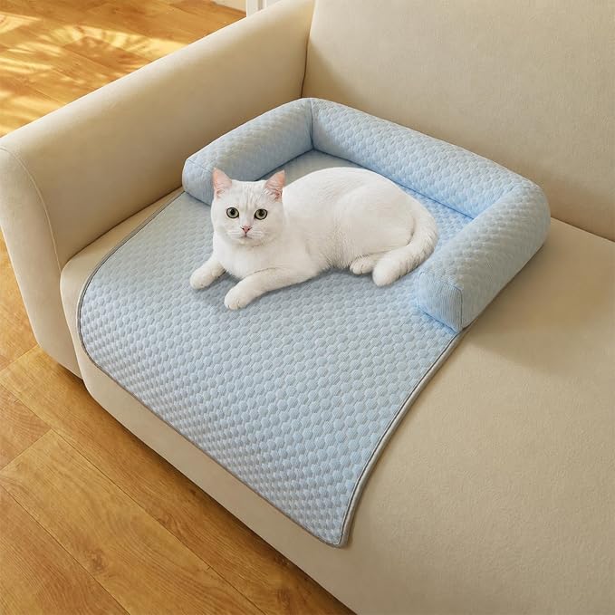 Cooling Pet Bed Mats with Neck & Head Support, 31.5 x 23.62 inch Blue | for Small and Medium Dogs & Cats, Non-Slip, Machine Washable, Protects Sofa from Fur & Scratches