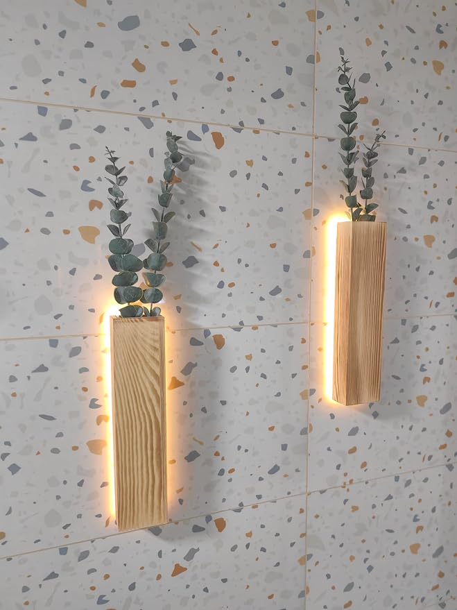 Artificial Eucalyptus with LED Lights Wall Planters Rustic Wall Decor with Lights Wall Sconces Fake Vines for Room Decor Home Bedroom Living Room Bathroom Hanging Vase (Natural)
