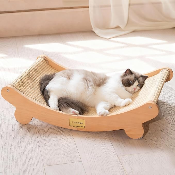 Sisal Cat Scratcher Bed Indoor Wooden Cat Furniture (Large) | Cat Hammock For Scratching Pad And Lounge. Natural Sisal Scratch Post. Space-Saving Cat Chair Design. Indoor Multi-Cat Home
