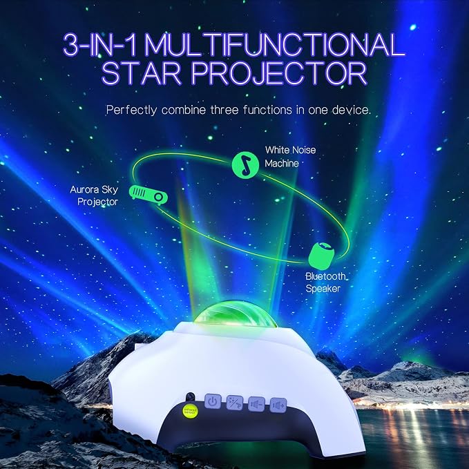 Northern Galaxy Light Aurora Projector with 33 Light Effects, Night Lights LED Star Projector for Bedroom Nebula Lamp, Remote Control, White Noises, Bluetooth Speaker for Parties White