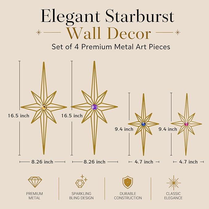 sxnzequnze 4 Pcs Star Wall Art for Home Decor Living Room Bedroom Office Metal 3D,Bling,with Hanging Hook Starburst Midcentury Sculpture Retro Gallery Accent Celestial -Gold 16.5in/9.4in