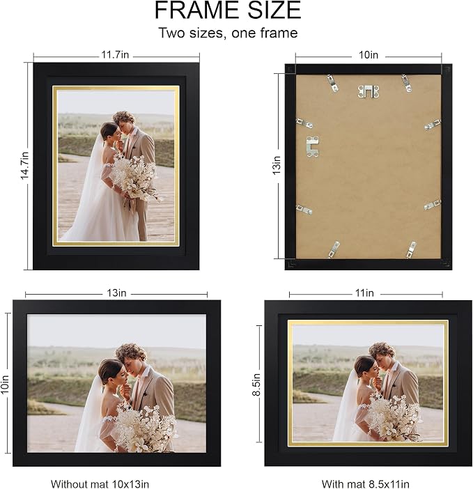 Hongkee 10x13 Picture Frame Set of 4, Made of Real Glass and Black Frame, 10 by 13 Photo for Wall or Tabletop - Display Picture 8.5x11 with Mat or 10x13 Without Mat