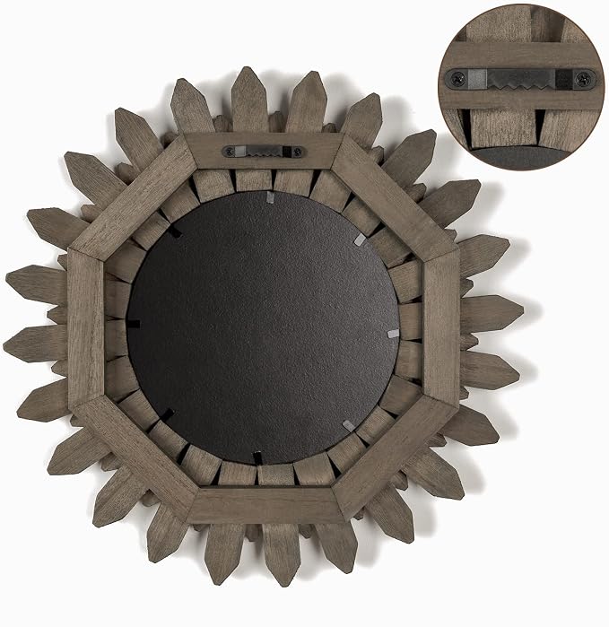 Farmhouse Wall Decor Mirror 12 inch Sunburst Boho Wood Mirror Rustic Home Decor Room Decoration for Bedroom Living Room Weathered Grey