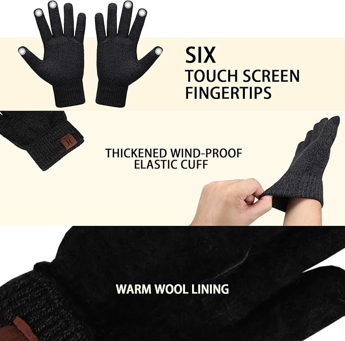 Winter Warm Beanie Hat Touchscreen Gloves Set, Soft Skull Cap Gloves Set for Men and Women with Warm Knit Fleece Lined