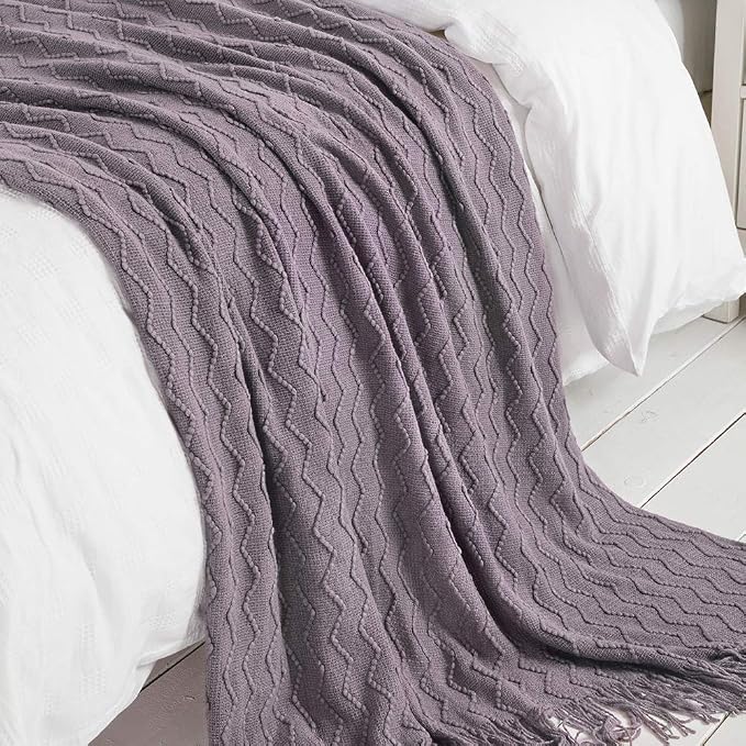BOURINA Dark Lavender Throw Blanket 50x60 Inch Knit Soft Throw Sofa Blanket | Knitted Throw Blanket 50x60 Inches, Soft Lightweight Boho Weave Throw Decorative Couch Blanket for Living Room Bedroom Chair
