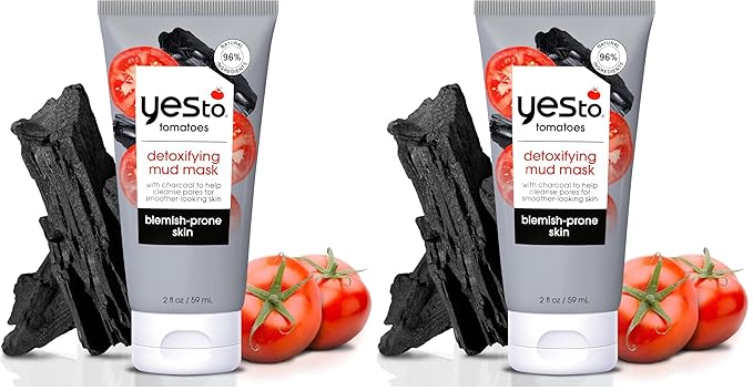 Yes To Tomatoes Clear Skin Detoxifying Charcoal Mud Mask For Acne Prone Skin Draw Out Impurities And Prevent Breakouts Contains Salicylic Acid 96 Natural Ingredients, Red, Tomato, 2.006 Fl (Pack of 2)