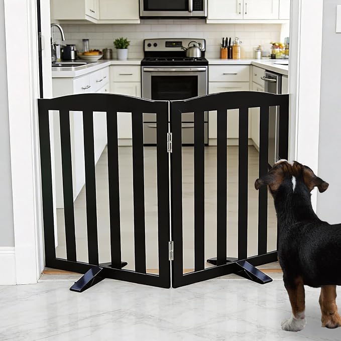 ZJSF Foldable Freestanding Indoor Dog Gate for House Wood Long Pet Gates Dog Fence for Stairs Puppy Gates for Hallways, Puppy Gate,Support Feet Included, Black, 24 "Height-2 Panels