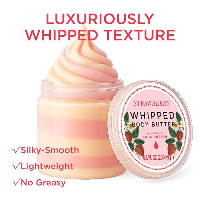 Princess Belle Strawberry Whipped Shea Body Butter, Body Moisturizer for Dry Skin, Body Butter for Women Smell Good, Leaves Skin Feeling Moisturized and Soft-200ml(6.8 floz)