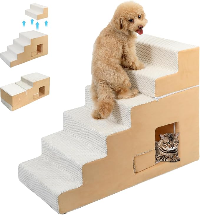 Dog Stairs for Small Dogs 27”H, 6-Step Dog Steps for High Bed, High-Density Foam Pet Stairs with Non-Slip Removable Washable Cover to Get on Bed(Beige)