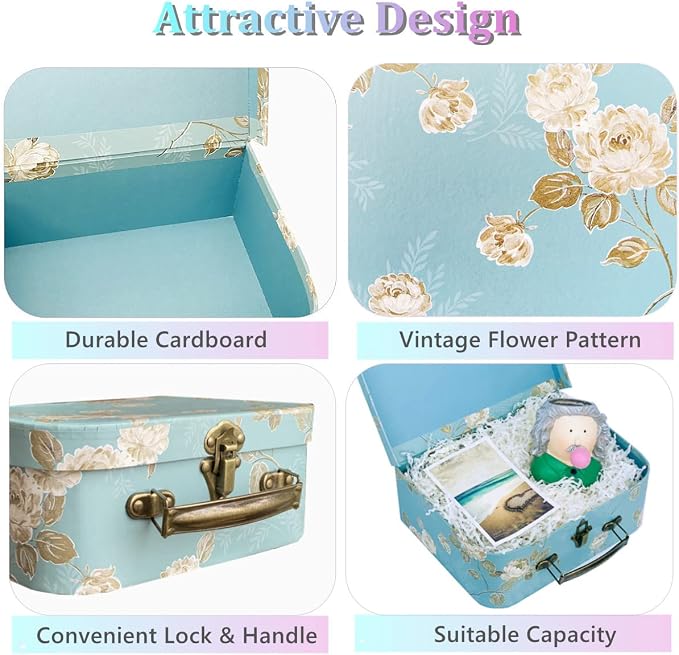 Decorative Box Set - 3 Storage Boxes with Lids, Keepsake & Trinket Boxes, Mini Luggage Gift Box, Vintage Suitcases Home Decoration