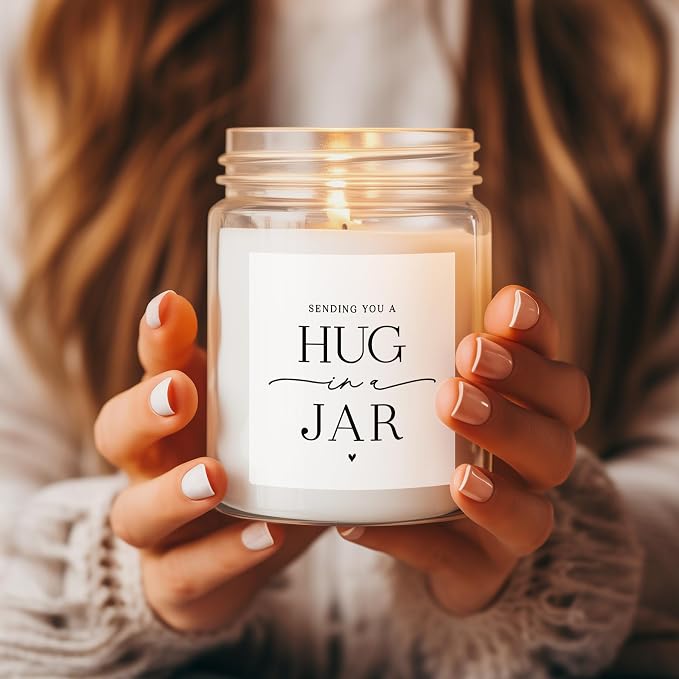 ThreeKin Warm Hug in a Jar Scented Candles for Home, Relaxing Aromatherapy Gifts for Women with Lavender Essential Oils, Natural Soy Wax Blend, Long 65-Hour Burn, Friendship Gifts, 9 Oz