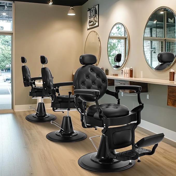 Vintage Barber Chair for Barbershop, Heavy Duty Reclining Salon Chair for Hair Stylist, Professional Hydraulic 360° Swivel Beauty Spa Hairdressing Styling Equipment, 550 lbs Capacity, Black