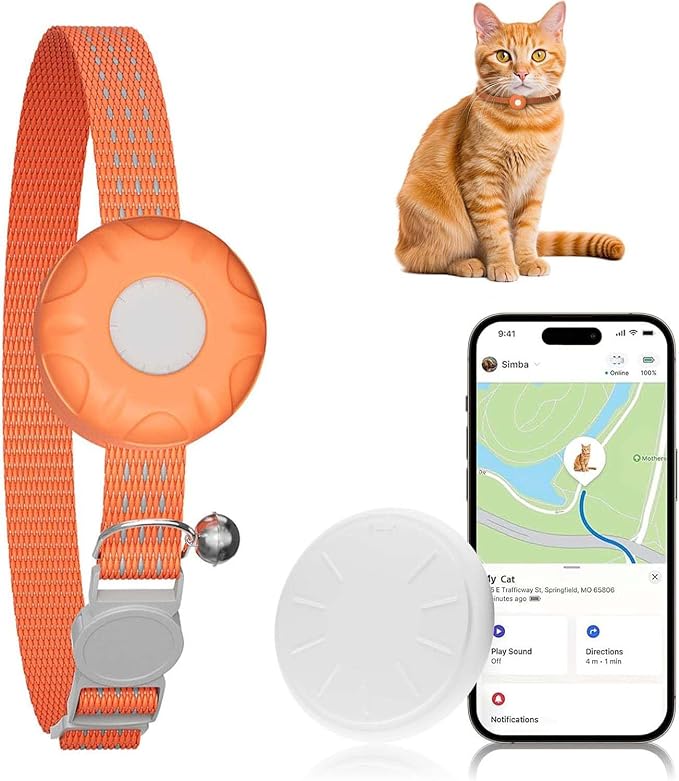 Smart Cat GPS Tracker, Cat Tracker Compatible with Apple Find My App (Only iOS), No Monthly Fee, Waterproof (White Tracker, Orange Cat Collar)