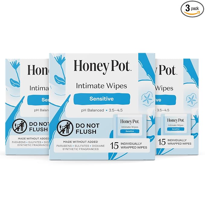 The Honey Pot Company - Feminine Wipes - Sensitive - Individually Wrapped - pH Balancing, Herbal Infused Plant-Based Feminine Care - Great for Travel & Period Kits - 15ct (Pack of 3)