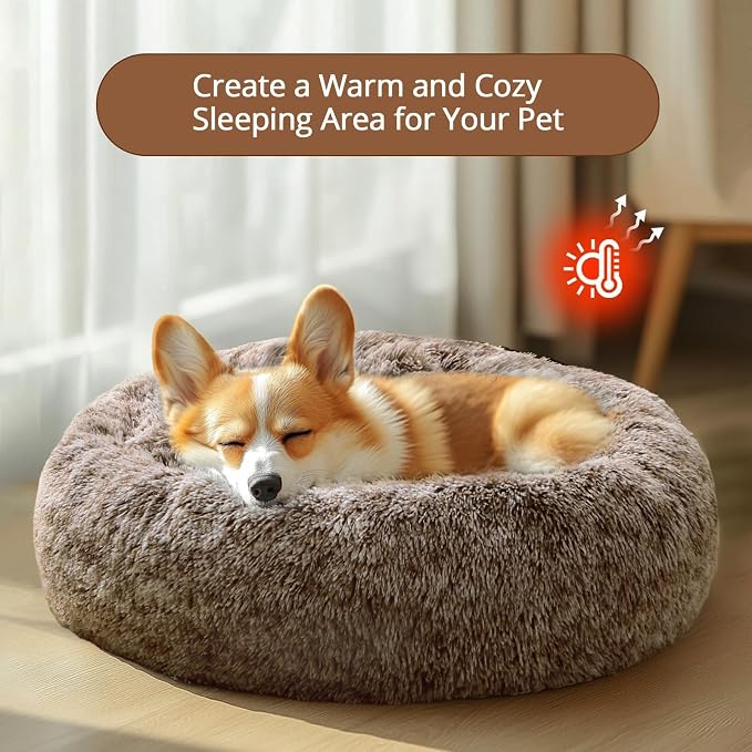 JOLLYVOGUE Calming Small Dog & Cat Bed for Indoor Cats - 20 inches Washable Donut Bed for Kittens & Puppies, Anti-Anxiety Round Fluffy Plush Pet Beds (Fits up to 15 lbs, Smoke Brown)