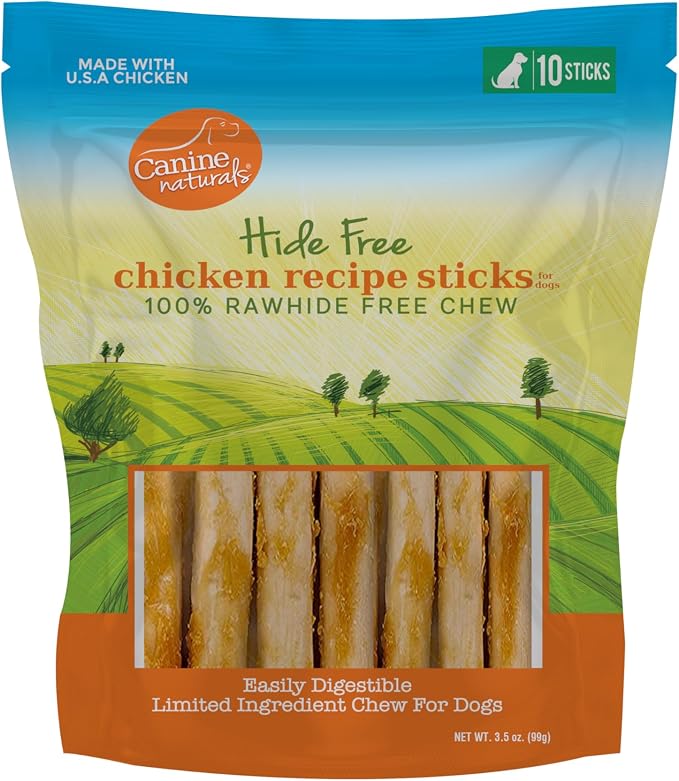 Canine Naturals Rawhide Free Chicken Recipe Dog Chews, Sticks, 10 Count | 100% Rawhide Free, USA Raised Chicken, All-Natural, Easily Digestible, 5 in Sticks, Dog Treats for All Dogs