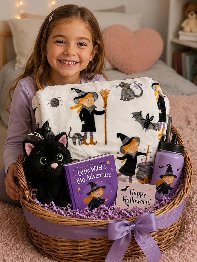 Halloween Ghost Fleece Throw Blanket, Cute Witch Girl, 50x70 oversized | Ultra-soft cozy flannel fleece, for sofa bed couch chair & dorms, spooky Halloween décor, durable and machine washable.