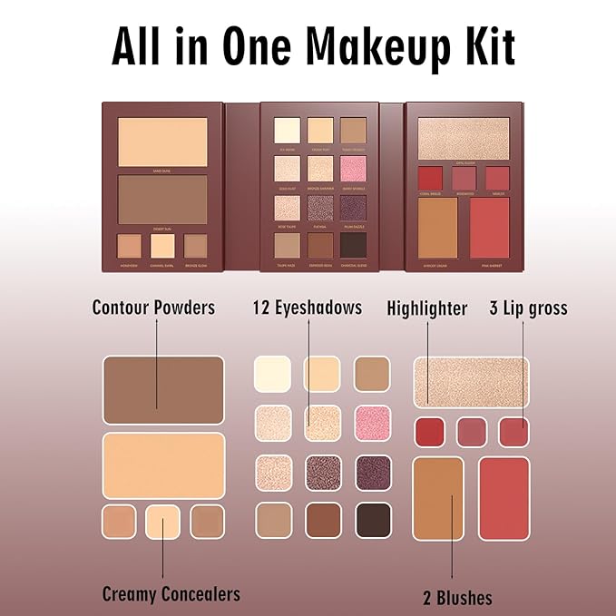 All in One Makeup Palette with 3 Brushes - Foldable Travel Make Up Kit Set includes Highly Pigmented Eyeshadow, Buildable Contour, Correction Concealer, Shine Highlighter, Blush, Lip for Face Paint