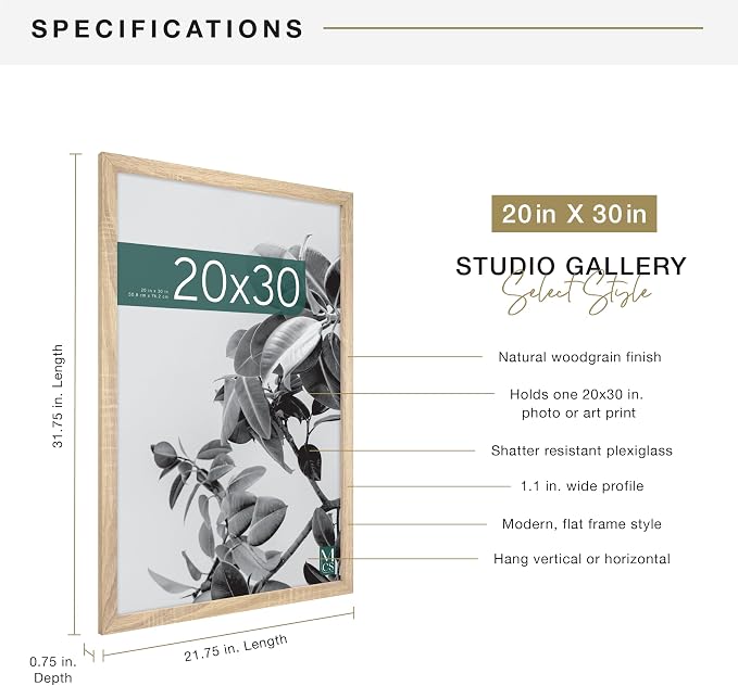 MCS Studio Gallery 20x30 Poster Frame Natural Woodgrain Engineered Wood, Vertical & Horizontal Wall Hanging Large Picture Frame for Photos, Posters & Art Prints (1-Pack)