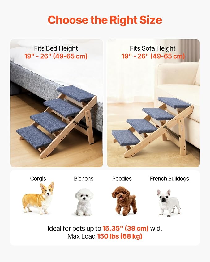 VEVOR Wood Pet Stairs, 4-Step Dog Stairs for Beds, Sofa & Cars, Floded Flat | For Small Medium Large Older Pet Puppy Essentials, 150lbs Load Capacity, Stable & Sturdy Cat & Dog Step Ladder, Non-Slip