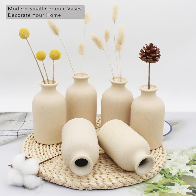 YANLING 6 Pack Small Vase for Flowers, 5 inch Modern Ceramic Vases | for Pampas Grass Simple Shelf Vase Light Yellow, Boho Vases for Home Decor, Wedding Dinner Table Party Office Bedroom