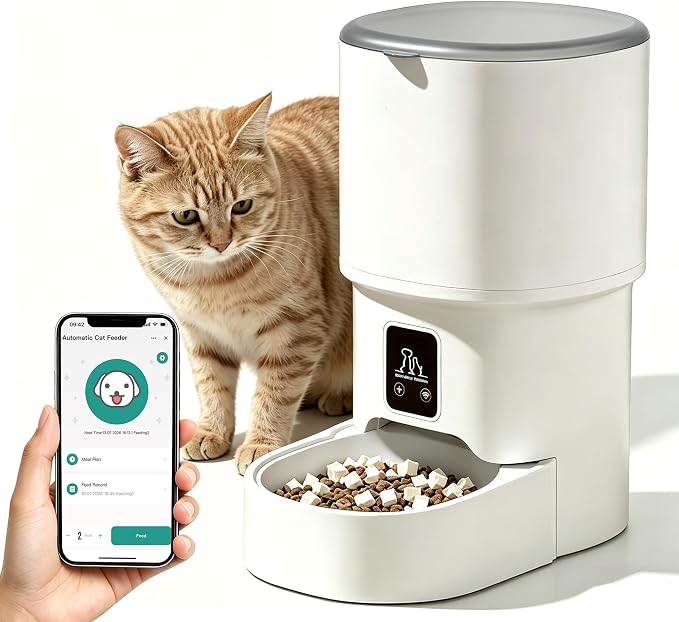 Automatic cat feeder,4L timed pet food dispenser with 2.4G WiFi,Detachable | Dual power timed dry goods dispenser, suitable for cats and dogs, suitable for outdoor use, mobile phone controllable