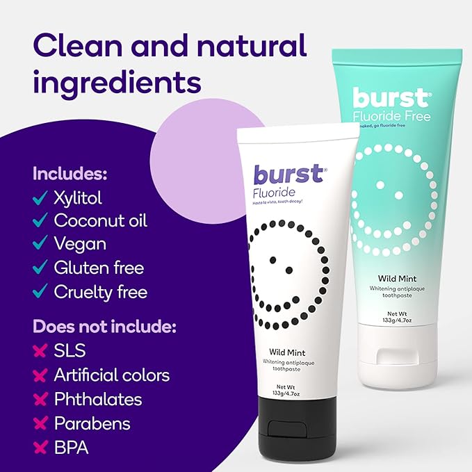 BURST Whitening Toothpaste with Cavity Fighting and Stain Removal Fluoride (4.7oz/2 Pack) | for Sensitive Teeth | with Xylitol | Vegan, Gluten & SLS Free | Wild Mint